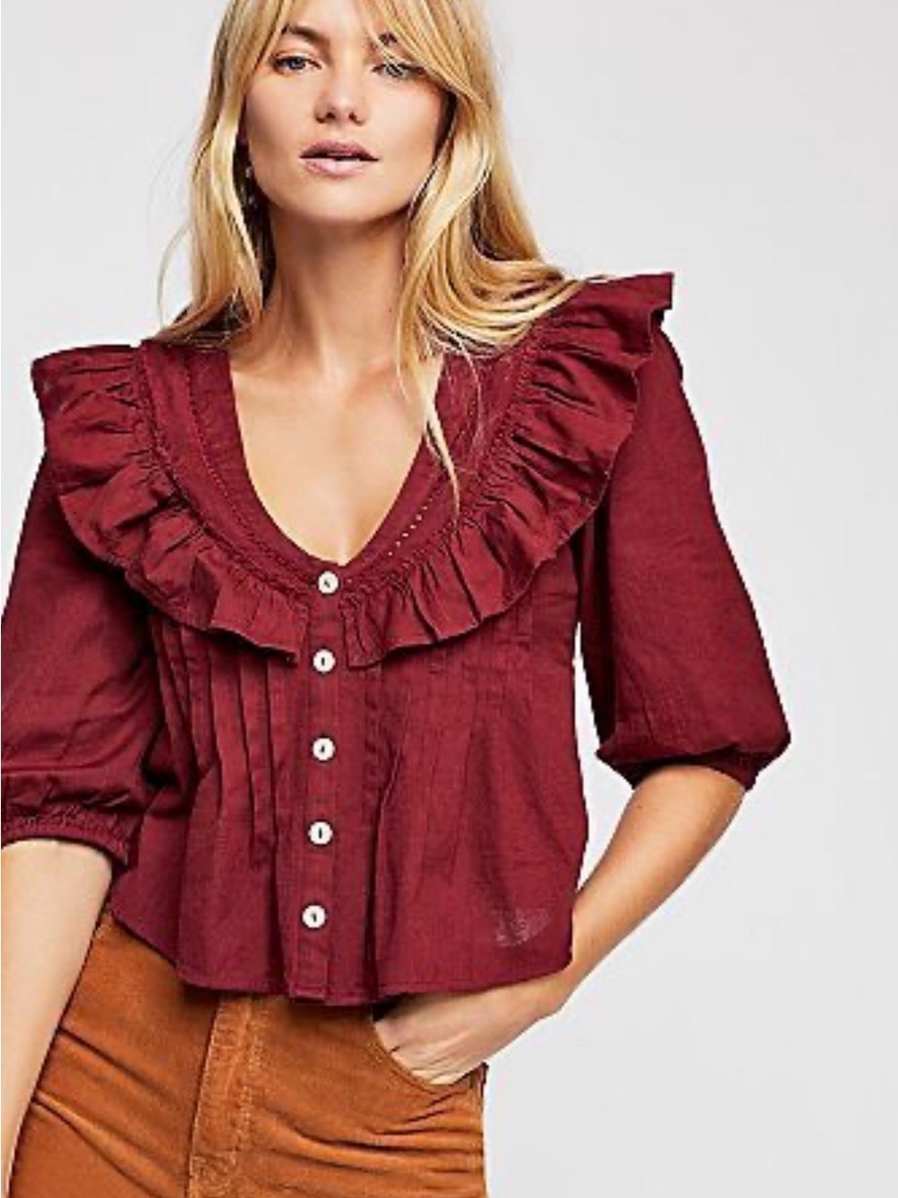 NWT Free People Burgundy Ruffle Button Front Blouse Top